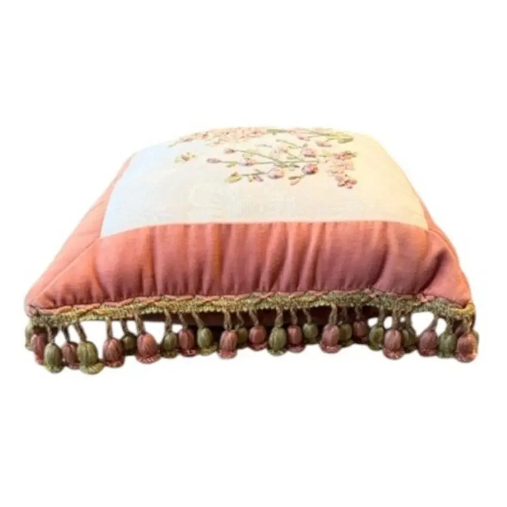 Botanical Embroidered Accent Pillow Pink Velvet Tassel Fringe